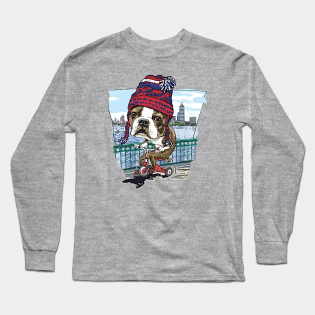 Boston Terrier Dog with Red, Blue and White Winter Beanie Long Sleeve T-Shirt by Mudge
